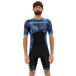 Zone3 Men's Activate Plus Tropical Palm Short Sleeve Full Zip Trisuit | Black/Blue -Zone3 Shop 72.1.3